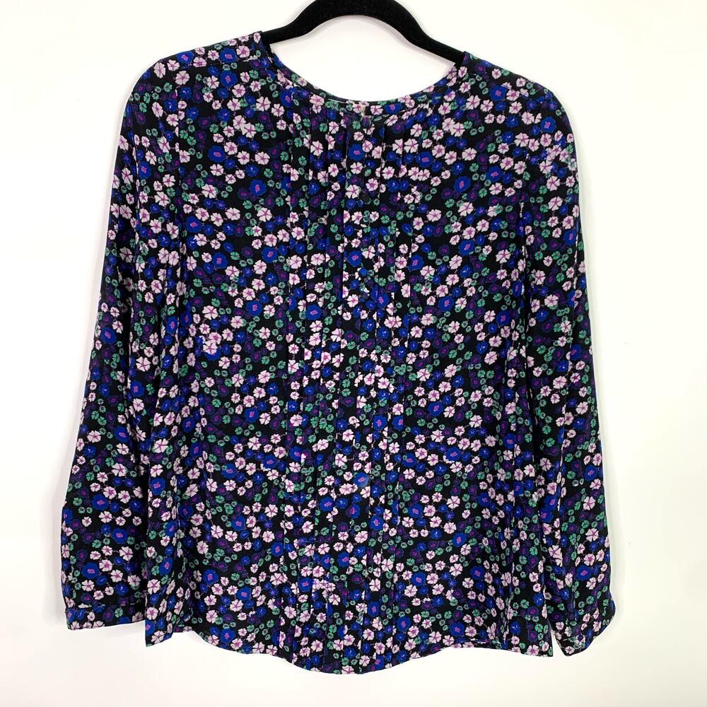 Rebecca Taylor 100% Silk Blouse 6 Pleated Button Up Floral Blue Blk Green Pink